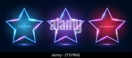 A set of three neon frames in the shape of a star with shining effects and highlights on a dark blue background. Stock Vector