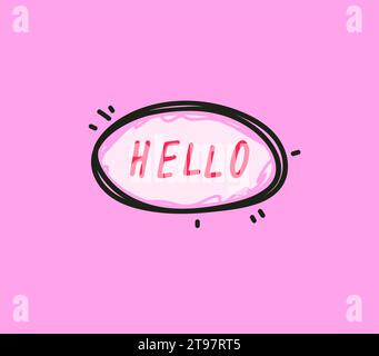 Trendy speech bubbles in flat hand drawn design with short messages. Cute Comic Style. Dialog windows with phrases Hello. Hand drawn stroke, highlight Stock Vector
