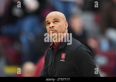 November 22, 2023: Harvard Crimson head coach Tommy Amaker looks at the scoreboard at the end of the first half against the Colgate Raiders on Wed. Nov. 22, 2023 at Cotterell Court in Hamilton, NY. Rich Barnes/CSM Stock Photo