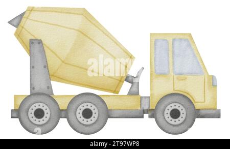 Concrete Mixer Watercolor illustration. Hand drawn clip art of baby toy yellow Cement blender on isolated background. Truck drawing for prints on a boys t-shirt. Construction vehicle sketch. Stock Photo