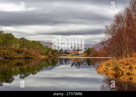 Glen Affric Cannich Scotland looking up the Garbh-uisge water to the North Affric Estate and distant mountain range in autumn Stock Photo