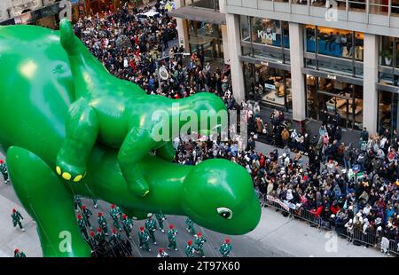 New York, United States. 23rd Nov, 2023. The Sinclair Oil Baby Dino balloon passes by on Sixth Avenue during the Macy's Thanksgiving Day Parade 2023 in New York City on Thursday, November 23, 2023. Photo by John Angelillo/UPI Credit: UPI/Alamy Live News Stock Photo