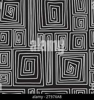 Seamless modern geometric pattern. White linear spirals rectangles on black background. Vector illustration Stock Vector