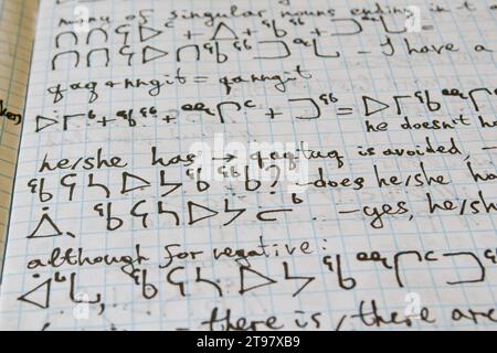 Learning foreign language — Inuktitut language handwriting notes. The page is about Inuktitut grammar, learning how to say "to have" or "don't have" Stock Photo