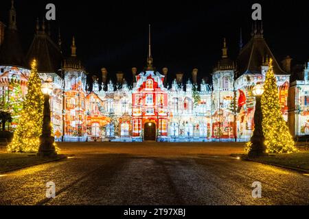 The manor at Waddesdon illuminated with winter lights for Christmas. Stock Photo