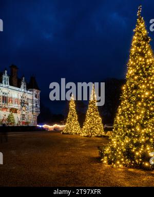 The manor at Waddesdon illuminated with winter lights for Christmas. Stock Photo