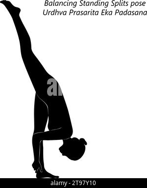 Silhouette of woman doing yoga Urdhva Prasarita Eka Padasana. Balancing Standing Splits pose. Isolated vector illustration. Stock Vector
