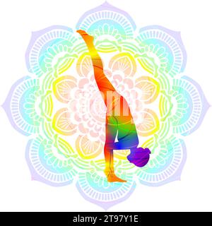 Colorful silhouette of yoga. Urdhva Prasarita Eka Padasana. Balancing Standing Splits pose. Isolated vector illustration on Mandala background. Stock Vector