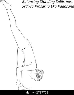 Sketch of young woman doing yoga Urdhva Prasarita Eka Padasana. Balancing Standing Splits pose. Isolated vector illustration. Stock Vector
