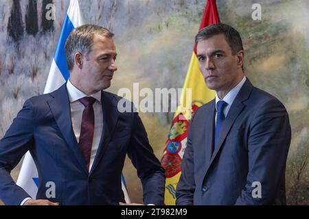 Prime Minister Alexander De Croo and Spain Prime Minister Pedro Sanchez pictured at a one-day visit of both Belgian and Spanish Prime Ministers (incoming and outgoing presidency of Europe) to Israel and Palestine, in Jerusalem, Thursday 23 November 2023. The two heads of government will hold talks in Jerusalem and Ramallah with political leaders on the war in Gaza. Site visits in Israel and Palestine should allow them to oversee the impact of the Hamas terror attack of Oct. 7 and discuss the humanitarian situation in Gaza BELGA PHOTO POOL - SPAIN OUT - Stock Photo