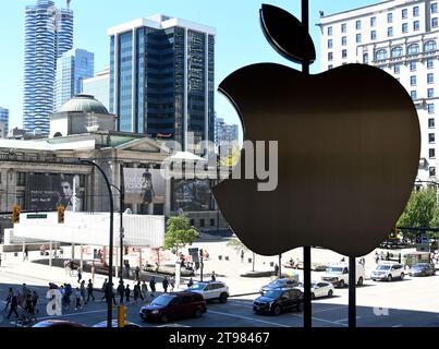 Vancouver, BC, Canada - August 16, 2023: The Apple Store Logo on the Apple Store in Vancouver . Stock Photo