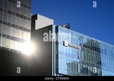Vancouver, BC, Canada - August 16, 2023: The Microsoft Logo on the Microsoft Campus Vancouver. Stock Photo