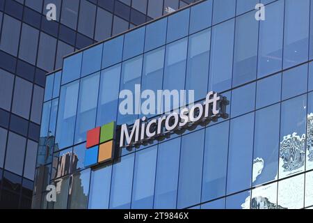 Vancouver, BC, Canada - August 16, 2023: The Microsoft Logo on the Microsoft Campus Vancouver. Stock Photo