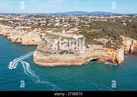 Aerial from lighthouse farol de Alfanzina on a cliff in the Algarve Portugal Stock Photo