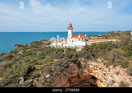 Aerial from lighthouse farol de Alfanzina on a cliff in the Algarve Portugal Stock Photo