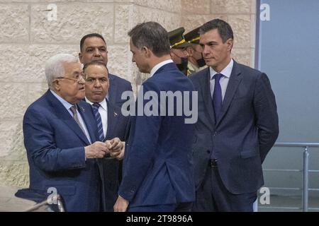 Palestinian National Authority, State of Palestine President Mahmoud Abbas, Prime Minister Alexander De Croo and Prime Minister of Spain Pedro Sanchez leave after a one-day visit of both Belgian and Spanish Prime Ministers (incoming and outgoing presidency of Europe) to Israel and Palestinian territory, here in the West Bank city of Ramallah, Thursday 23 November 2023. The two heads of government will hold talks in Jerusalem and Ramallah with political leaders on the war in Gaza. Site visits in Israel and Palestine should allow them to oversee the impact of the Hamas terror attack of Oct. 7 an Stock Photo
