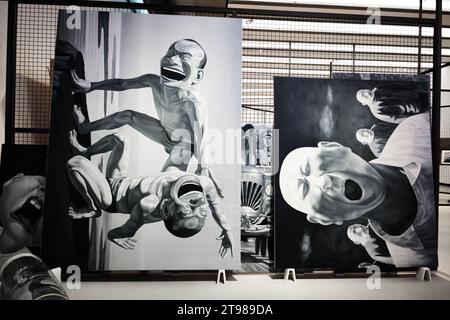 Rome, Italy - November 4 2023: 'Laughing men' Paintings by Yue Minjun in Maxxi Museum Stock Photo