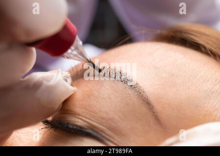 Beauty master performs permanent eyebrow makeup in a beauty salon. Hands of a cosmetologist doing microblading of eyebrows. Tattoo on the face. Stock Photo