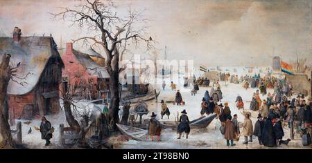 Winter Scene on a Canal by Hendrick Avercamp (1585-1634), oil on wood panel, 1615 Stock Photo