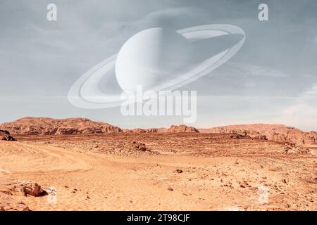 Surface of Mars planet with Saturn planet . Elements of this image furnished by NASA. Stock Photo