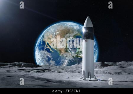 Starship spacecraft on Moon surface with Earth planet. Artemis space mission. Elements of this image furnished by NASA. Stock Photo
