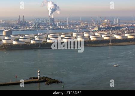 Aerial view river Nieuwe maas with oil tanks in Industrial area port of Rotterdam Stock Photo