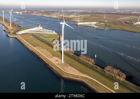 Aerial view Maeslantkering, big storm surge barrier in the Netherlands Stock Photo