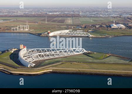 Aerial view Maeslantkering, big storm surge barrier in the Netherlands Stock Photo