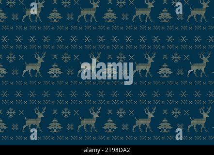 Seamless Pattern of Winter Holiday Theme With Knitted Reindeer, Deer, Holiday Christmas Tree, Snowflake Design, Wallpaper, Elegant Sweater Pattern Stock Vector