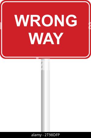 Wrong Way Sign - Red road sign with white letters isolated on white background Stock Vector