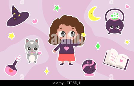 Cute magic sticker set with little girl, cat and love potions and spellbook. Cartoon vector elements for print and design Stock Vector