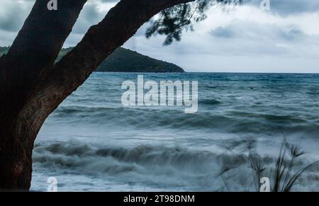 Nature view by the sea on a rainy and windy day. Stock Photo