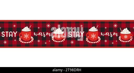 Hot drinks, buffalo plaid seamless vector border. Cozy winter mood fancy illustration. Cold winter season warm cocoa bar coffee shop menu background Stock Vector