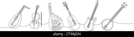 Bandura, string instrument one line colored continuous drawing. Musical ...