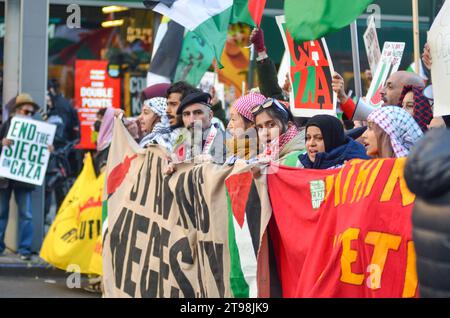 New York City, United States. 23rd November, 2023.  Palestine supporters of all ages and colors march the streets of Manhattan in support of Gaza. Credit: Ryan Rahman/Alamy Live News Stock Photo