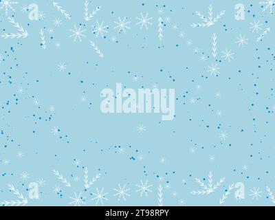 Christmas Snowflake Seamless Pattern Winter border snow night Falling snowflakes on blue background Stock Vector