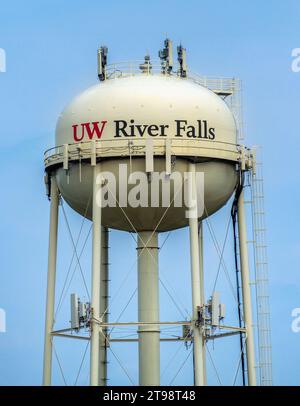 RIVER FALLS, WI, USA - JULY 22, 2023: Water tower on the campus of the University of Wisconsin-River Falls. Stock Photo