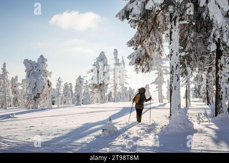 Hiking in snowy mountain forest. Woman with backpack and winter coat walking in deep snow. Adventure in nature Stock Photo