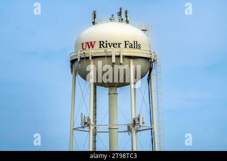 RIVER FALLS, WI, USA - JULY 22, 2023: Water tower on the campus of the University of Wisconsin-River Falls. Stock Photo