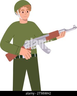 Young man holding tactical assault rifle. Soldier with a AK 47. Vector illustration. Stock Vector
