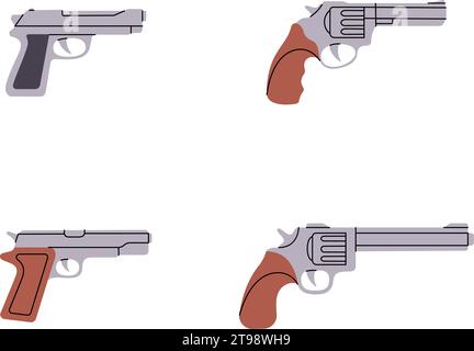 Set of revolvers, pistols. Military weapons silhouettes. Various modern weapons. Vector illustration. Stock Vector