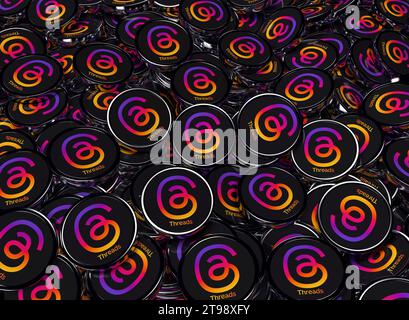 Threads logo. A new social media app from Meta to rival Twitter. 3D Rendering Stock Photo