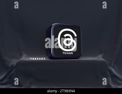 Threads logo. A new social media app from Meta to rival Twitter. 3D Rendering Stock Photo