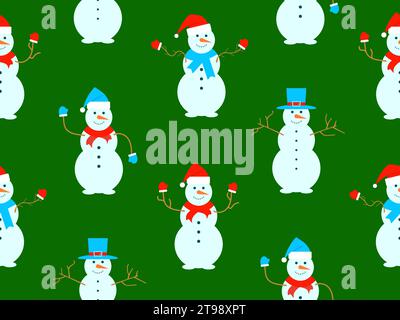 Christmas seamless pattern with snowmen made from three snowballs. A snowman with a carrot instead of a nose, wearing a scarf and mittens, and a Santa Stock Vector