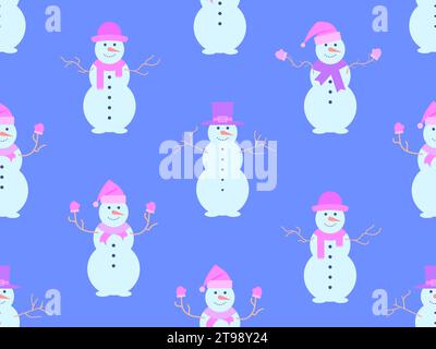 Christmas seamless pattern with snowmen made from three snowballs. A snowman with a carrot instead of a nose, wearing a scarf and mittens, and a Santa Stock Vector