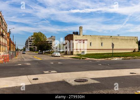 The Abundant Faith Cathedral is located in a run-down area of Detroit in the neighborhood of industrial wastelands, abandoned industrial ruins and Henry Ford's first production facility, which has been converted into a museum. Detroit, United States Stock Photo