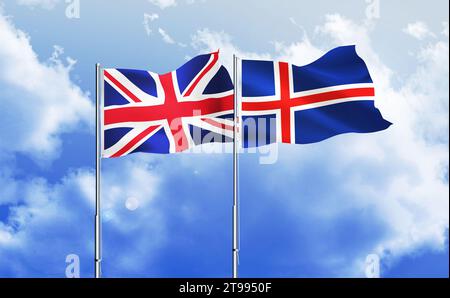 Iceland,UK flags together waving against blue sky Stock Photo