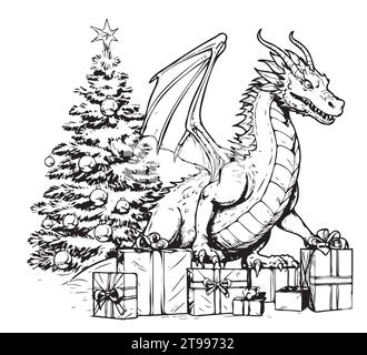 Cute dragon with Christmas present box. Symbol of Chinese New Year 2024. Fantasy baby dragon drawing contour for coloring book. Vector illustration in cartoon line art style, Stock Vector