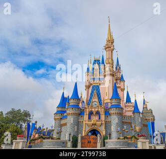 Cinderella Castle in the new pink and blue paint at the Magic Kingdom Stock Photo