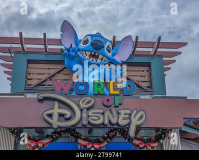 World of Disney store entrance sign with Stitch character sign at night ...
